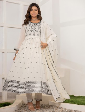 white anarkali cotton kurti set