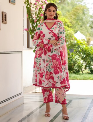 Dark pink and white cotton printed kurti set