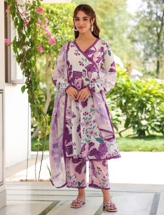 Violet and white cotton printed kurti set