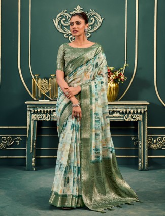 Dazzling pista green cotton printed saree