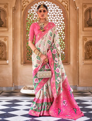 Off white saree in patola silk