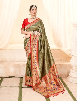 Elegant tissue silk olive printed saree