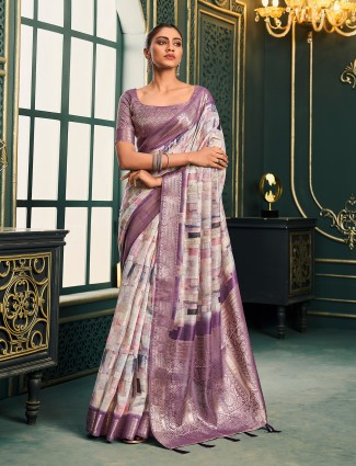 Elegant purple and white printed saree