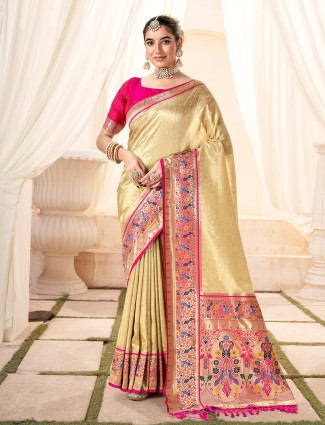 Beautiful printed beige tissue silk saree