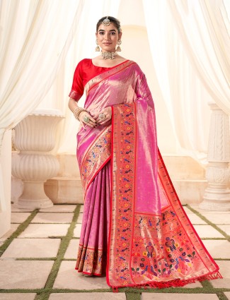 Garaceful dark pink tissue silk saree