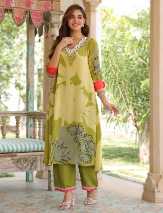 Olive printed rayon cotton kurti set