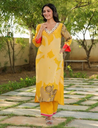 Yellow rayon cotton printed kurti set