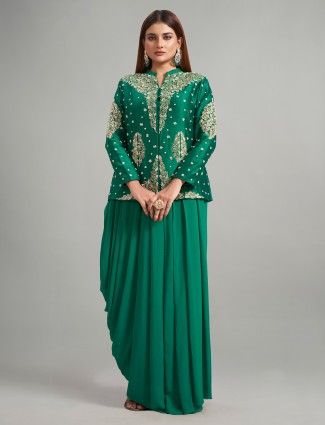 Bottle green indowestern suit in silk