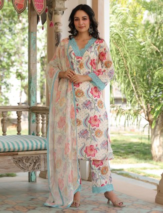 Pretty cream cotton printed kurti set