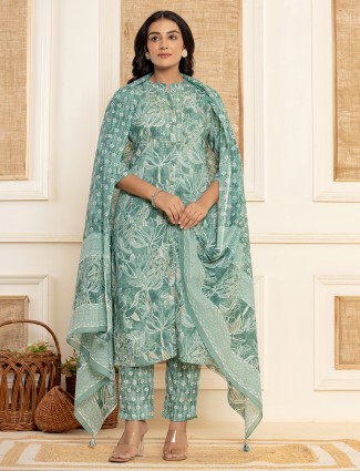 Beautiful rama green cotton kurti set