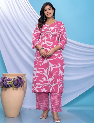 Pink printed casual kurti set in cotton