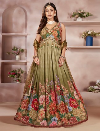 Olive silk printed anarkali suit