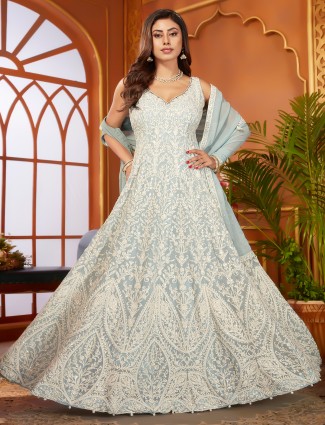 Sky blue embroidery floor length suit