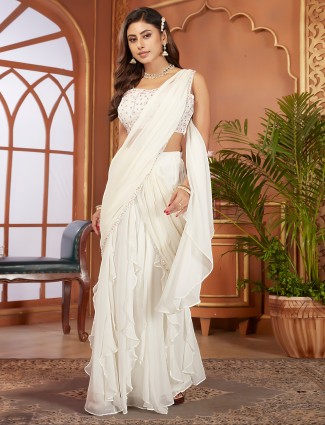 Stunning white georgette pre-stitched saree