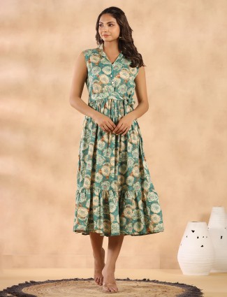 Trendy cotton sea green printed kurti