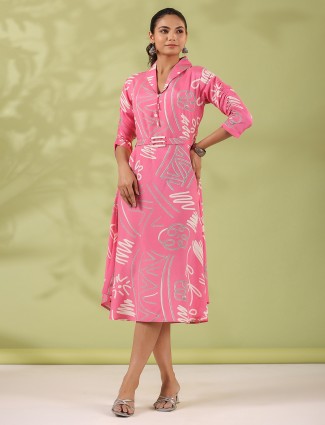 Trendy baby pink silk printed kurti