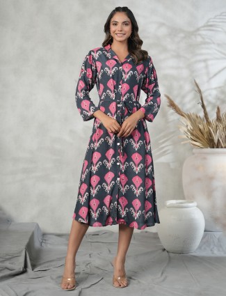 Stylish dark grey silk printed kurti