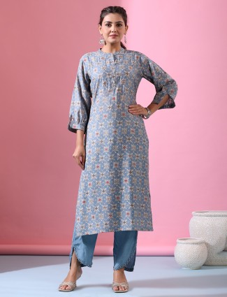 Stylish stone blue cotton kurti set in printed