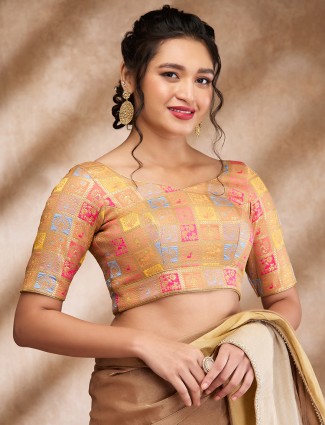 Gold and Multi-Color Silk Ready-Made Blouse