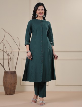 Teal green cotton Teal green plain cotton kurti