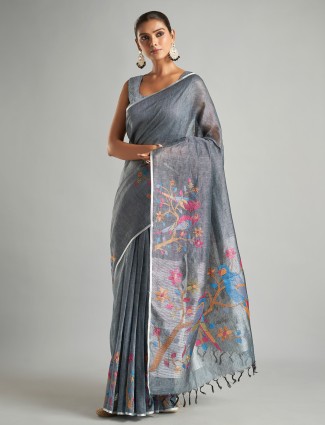 Beautiful grey cotton linen saree