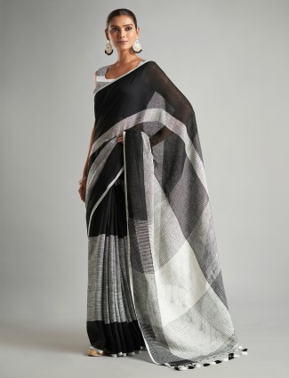 Black and grey cotton linen stripe saree