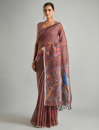 Latest brown cotton linen saree