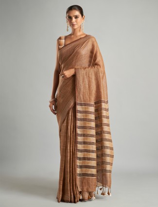 Trendy brown cotton linen saree