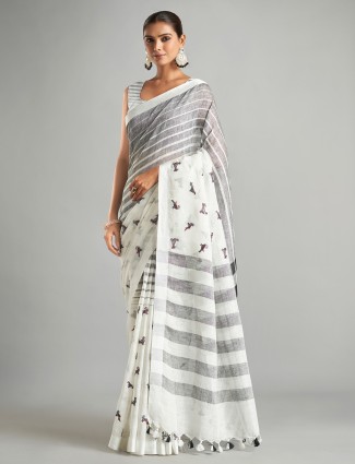 White cotton linen saree