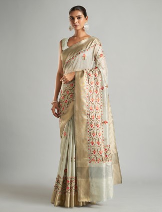 cotton tissue light grey saree