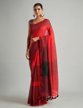 Red and black stripe cotton linen saree