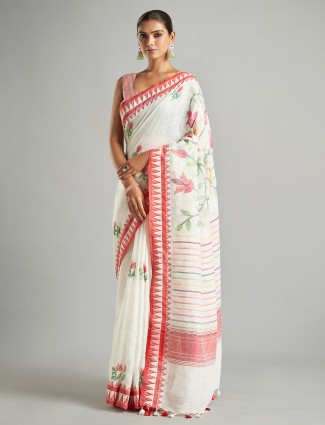 Cotton linen white minakari saree