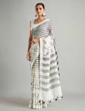 Cotton linen white stripe saree