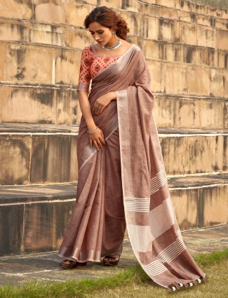 Brown soft linen silk saree