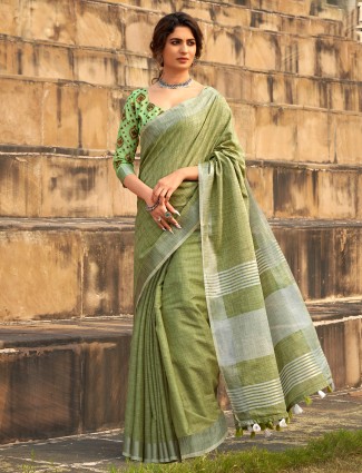 Soft linen silk green saree