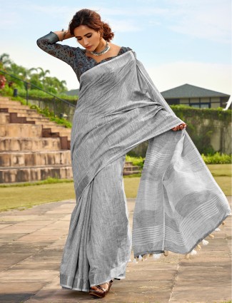 Grey soft linen silk saree