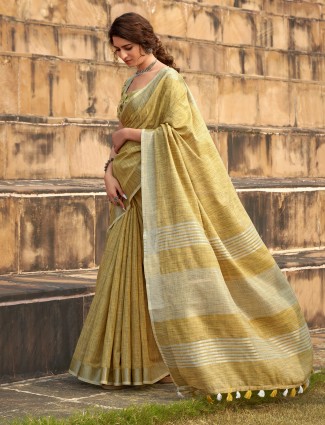 Light yellow linen silk saree