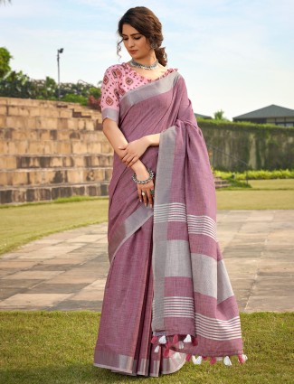 Pink linen silk saree