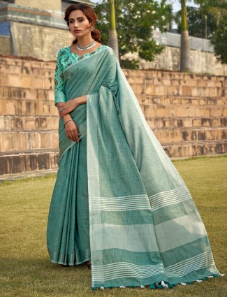 Sea green soft linen silk saree