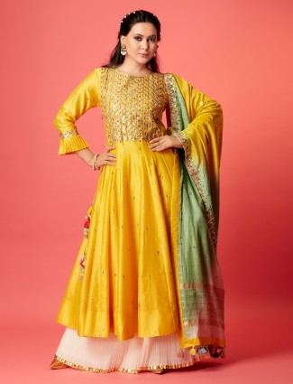 Attractive yellow raw silk palazzo suit