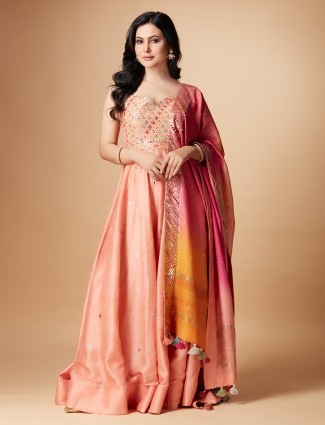 Peach raw silk anarkali floor length suit