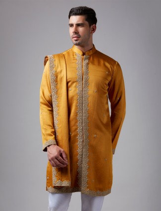 Stunning mustard yellow silk kurta suit