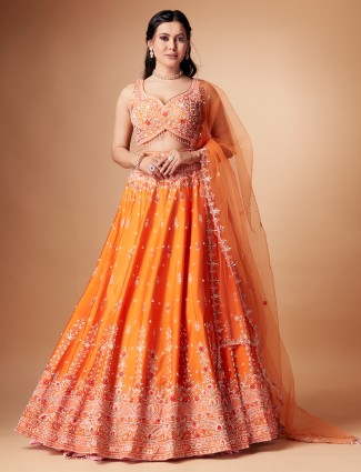 Stunning orange raw silk lehenga choli