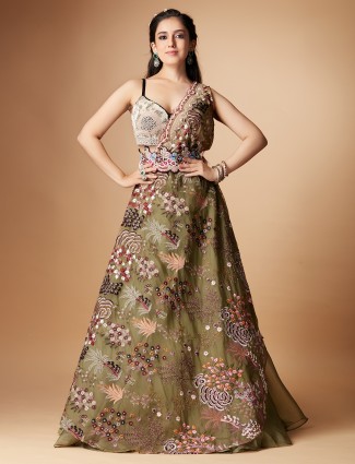 Stylish olive organza lehenga choli