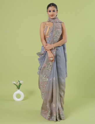 Blue and beige shaded tissue silk saree