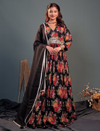 Georgette black floral print anarkali suit