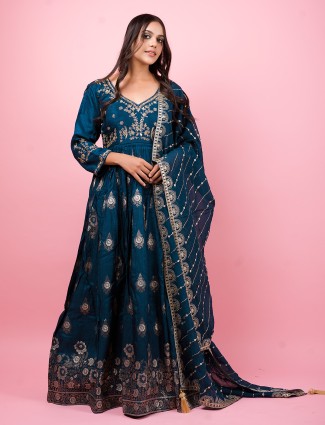 Teal blue silk anarkali floor length suit