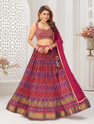 Silk dark pink printed lehenga choli