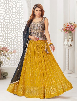 Georgette grey and yellow lehenga choli