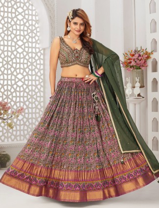 Purple and green printed silk lehenga choli